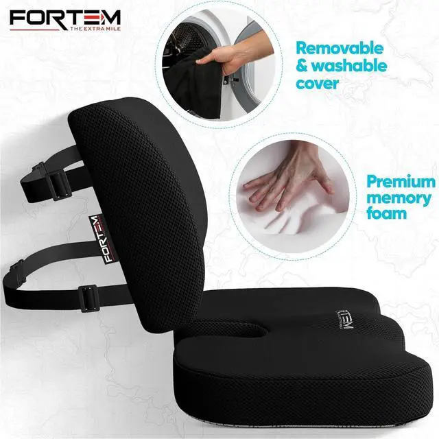 Alt view image 3 of 7 - FORTEM Seat Cushion & Lumbar Support for Office Chair, Wheelchair, Car | Memory Foam | Ergonomic Design | Washable Cover | Non Slip | Black