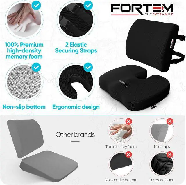 Alt view image 7 of 7 - FORTEM Seat Cushion & Lumbar Support for Office Chair, Wheelchair, Car | Memory Foam | Ergonomic Design | Washable Cover | Non Slip | Black
