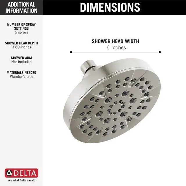 Alt view image 3 of 7 - Delta 6-Setting Brushed Nickel Shower Head with High Pressure Spray, 6 Inch Round Shower Head, Showerheads, 1.75 GPM Flow Rate, Stainless 52535-SS