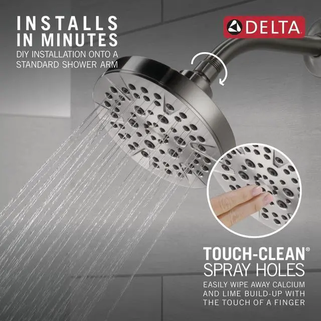 Alt view image 4 of 7 - Delta 6-Setting Brushed Nickel Shower Head with High Pressure Spray, 6 Inch Round Shower Head, Showerheads, 1.75 GPM Flow Rate, Stainless 52535-SS