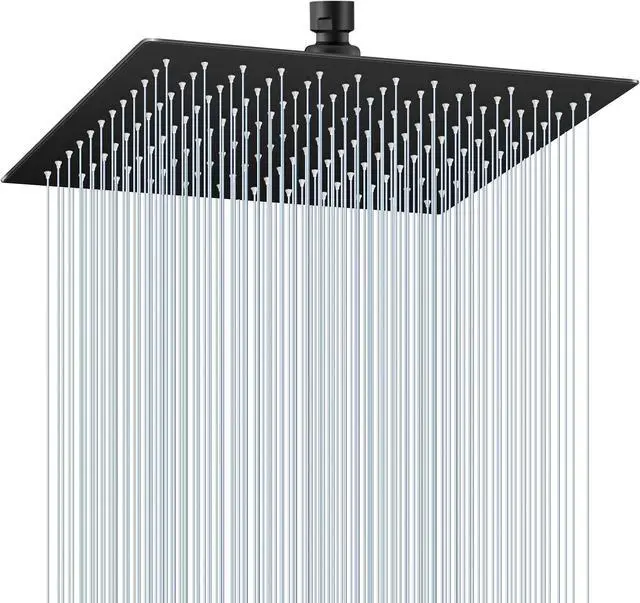 Main image of 12 inch Matte Black Rain Shower Head - All Metal 304 Stainless Steel, Full Body Rainfall Shower with 144 Silicone Nozzles - Square Showerheads Ceiling or Wall Mount Modern Bathroom
