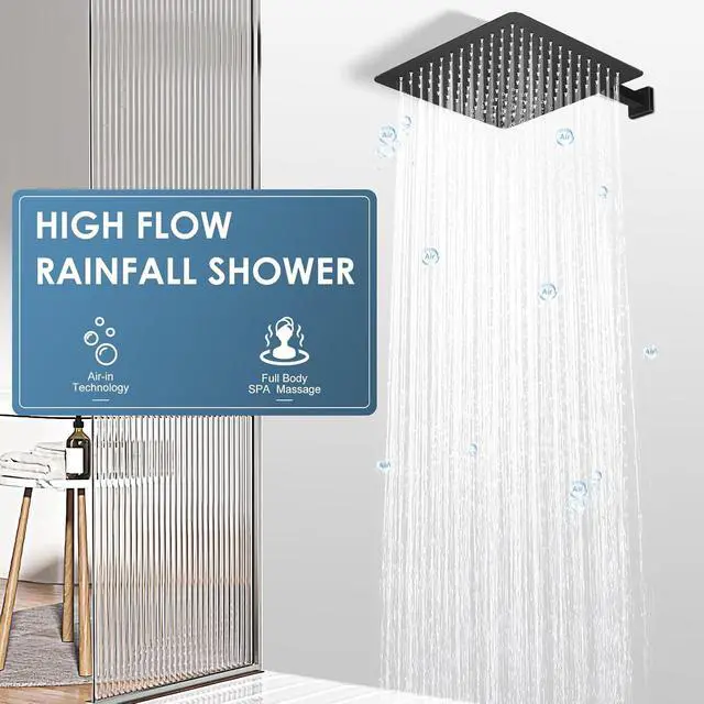 Alt view image 2 of 6 - 12 inch Matte Black Rain Shower Head - All Metal 304 Stainless Steel, Full Body Rainfall Shower with 144 Silicone Nozzles - Square Showerheads Ceiling or Wall Mount Modern Bathroom