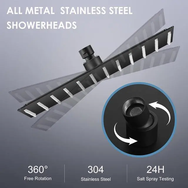 Alt view image 3 of 6 - 12 inch Matte Black Rain Shower Head - All Metal 304 Stainless Steel, Full Body Rainfall Shower with 144 Silicone Nozzles - Square Showerheads Ceiling or Wall Mount Modern Bathroom