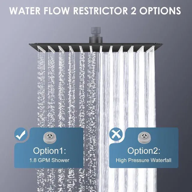 Alt view image 4 of 6 - 12 inch Matte Black Rain Shower Head - All Metal 304 Stainless Steel, Full Body Rainfall Shower with 144 Silicone Nozzles - Square Showerheads Ceiling or Wall Mount Modern Bathroom