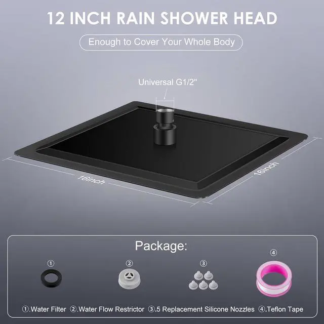 Alt view image 6 of 6 - 12 inch Matte Black Rain Shower Head - All Metal 304 Stainless Steel, Full Body Rainfall Shower with 144 Silicone Nozzles - Square Showerheads Ceiling or Wall Mount Modern Bathroom