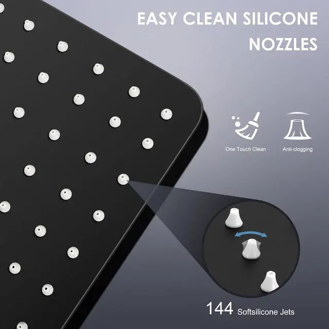 Alt view image 5 of 6 - 12 inch Matte Black Rain Shower Head - All Metal 304 Stainless Steel, Full Body Rainfall Shower with 144 Silicone Nozzles - Square Showerheads Ceiling or Wall Mount Modern Bathroom