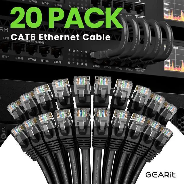 Alt view image 2 of 7 - GEARit Cat 6 Ethernet Cable Pack - 20-Pack 25 ft Cat6 Ethernet Patch Cables | RJ45 Network Patch Cable, 10 Gbps Snagless Gold-Plated Connectors - Ethernet Cable Cat 6 for PC, TV, Router - Black