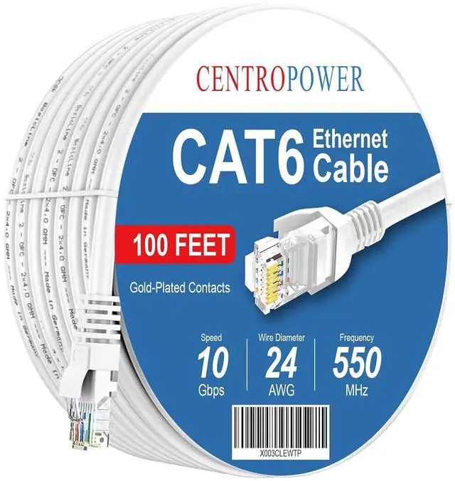 Main image of Cat 6 Ethernet Cable, 100 ft, 10Gbps LAN Internet Cord, White | Outdoor&Indoor Cat6 Cable RJ45 for Computer, Router, Modem, PS4/5, Xbox, Gaming