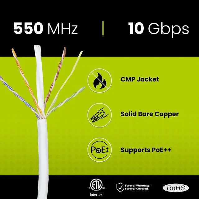Alt view image 2 of 7 - trueCABLE Cat6 Plenum (CMP), 1000ft, White, 23AWG 4 Pair Solid Bare Copper, 550MHz, PoE++ (4PPoE), ETL Listed, Unshielded Twisted Pair (UTP), Bulk Ethernet Cable