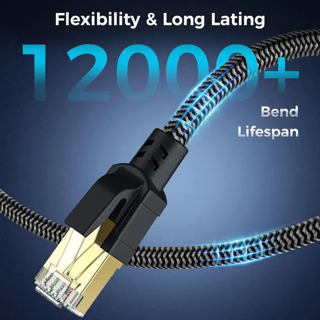 Alt view image 6 of 7 - Cat 8 Ethernet Cable 15FT, High-Speed Braided Internet Cable Network Cord with Gold Plated RJ45 Connector 40Gbps 2000Mhz Heavy Duty LAN Cable Shielded Indoor