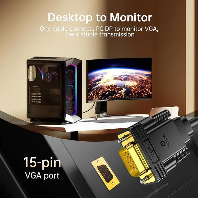 Alt view image 3 of 7 - DisplayPort to VGA Cable 6ft, 1.8m DP to VGA Male-to-Male Adapter, 1080P HD Video Converter Cord for Laptop, PC to Monitor, Projector, Display