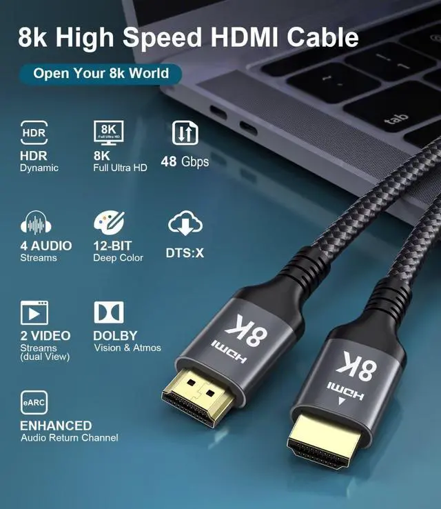 Alt view image 7 of 7 - Adauxter 8K 4K HDMI Cable 30 FT, HDMI to HDMI Cord with Ethernet CEC 4K 120Hz 95Hz 8K 60Hz eARC eARC Netflix HDCP2.3 HDR10+ PC Laptop RTX5090 TV Monitor Projector X-Box PS5