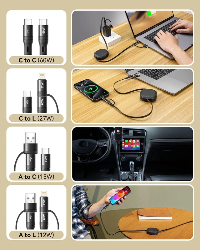 Alt view image 3 of 7 - Retractable Fast Charging Cable 60W 2Pack 5 in 1 Multi Charging Cable 3.8Ft Multiple USB C Lightning Charger Cord with USB-A/C to C/L Port for iPhone 17 16 15 14 iPad S24 S23 MacBook