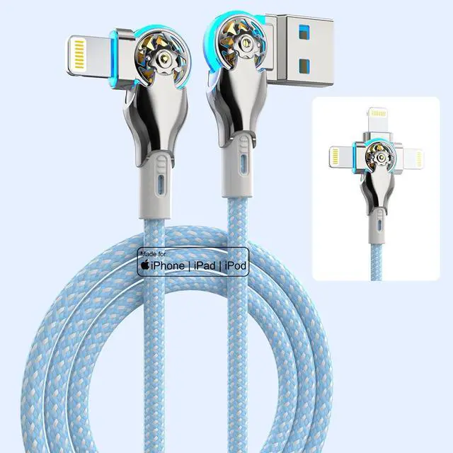 Main image of MTAKYI Bidirectional 90 Degree Charging Cable 6FT, 180°Rotating Angle Lightning Cable, High Speed Data Sync Lightning Charger Cable for Phone 14/13/12/11/Pro/Max/XS/XR/X/8/7/Plus/6S