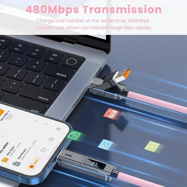Alt view image 5 of 7 - USB C/Lightning 4-in-1 Universal Multi USB Charging Cable LED Display for iPhonePink 240W Max Fast Charge Cord & Data Transfer Apple iPhone 16/15/14/13, iPad, Samsung, MacBook, iPad,Tablets -5FT