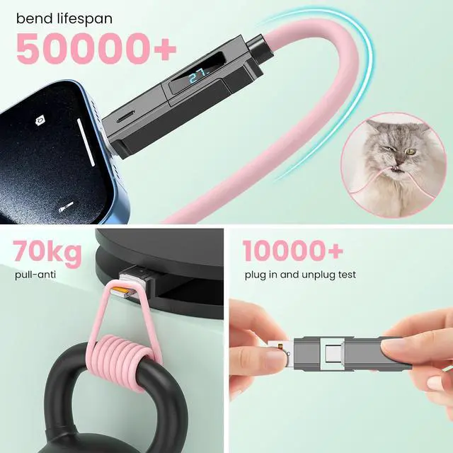 Alt view image 6 of 7 - USB C/Lightning 4-in-1 Universal Multi USB Charging Cable LED Display for iPhonePink 240W Max Fast Charge Cord & Data Transfer Apple iPhone 16/15/14/13, iPad, Samsung, MacBook, iPad,Tablets -5FT
