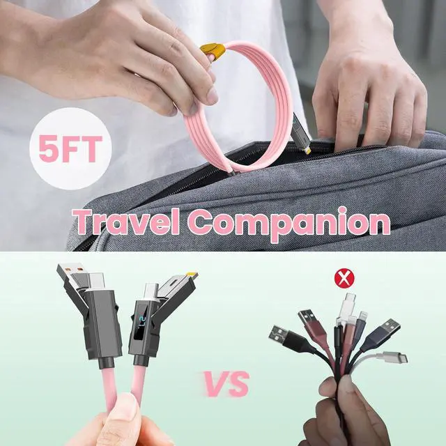 Alt view image 7 of 7 - USB C/Lightning 4-in-1 Universal Multi USB Charging Cable LED Display for iPhonePink 240W Max Fast Charge Cord & Data Transfer Apple iPhone 16/15/14/13, iPad, Samsung, MacBook, iPad,Tablets -5FT