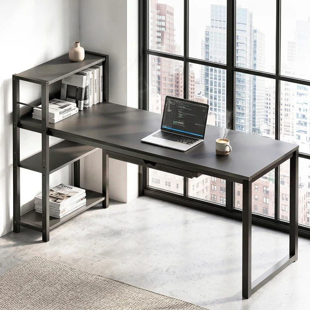 Alt view image 2 of 7 - SHW 46-Inch Home Office Computer Desk w/Side Shelf & Drawer, Black