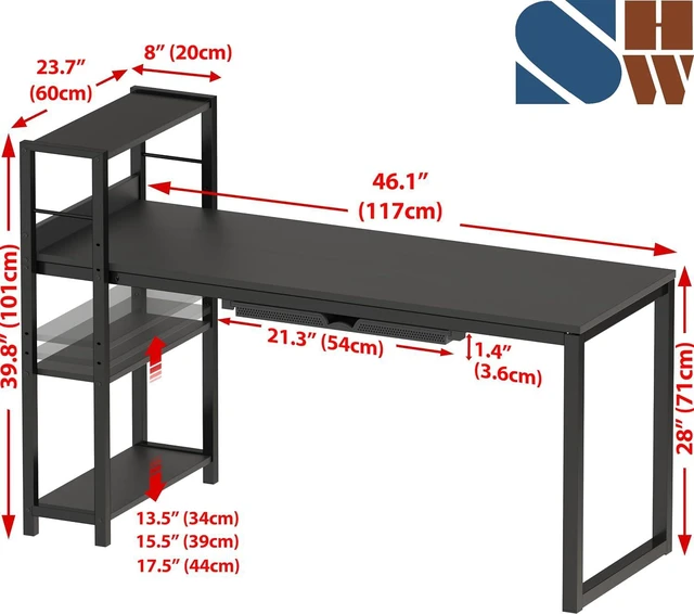 Alt view image 3 of 7 - SHW 46-Inch Home Office Computer Desk w/Side Shelf & Drawer, Black