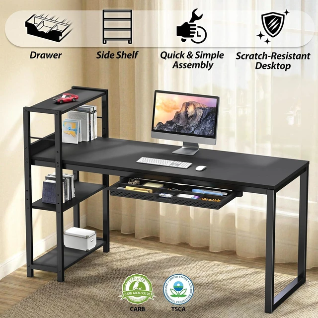 Alt view image 4 of 7 - SHW 46-Inch Home Office Computer Desk w/Side Shelf & Drawer, Black