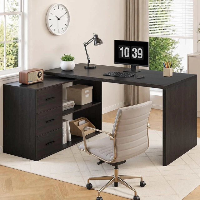 Main image of HSH Dark Grey L Shaped Computer Corner Desk with 3 Storage Drawers 55 inch