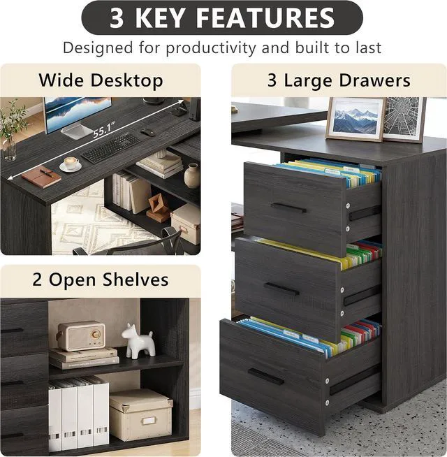 Alt view image 3 of 7 - HSH Dark Grey L Shaped Computer Corner Desk with 3 Storage Drawers 55 inch