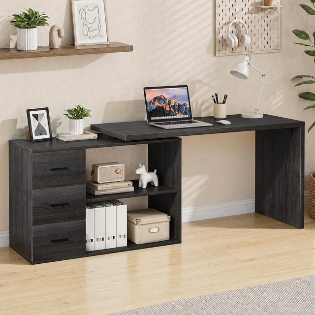 Alt view image 7 of 7 - HSH Dark Grey L Shaped Computer Corner Desk with 3 Storage Drawers 55 inch