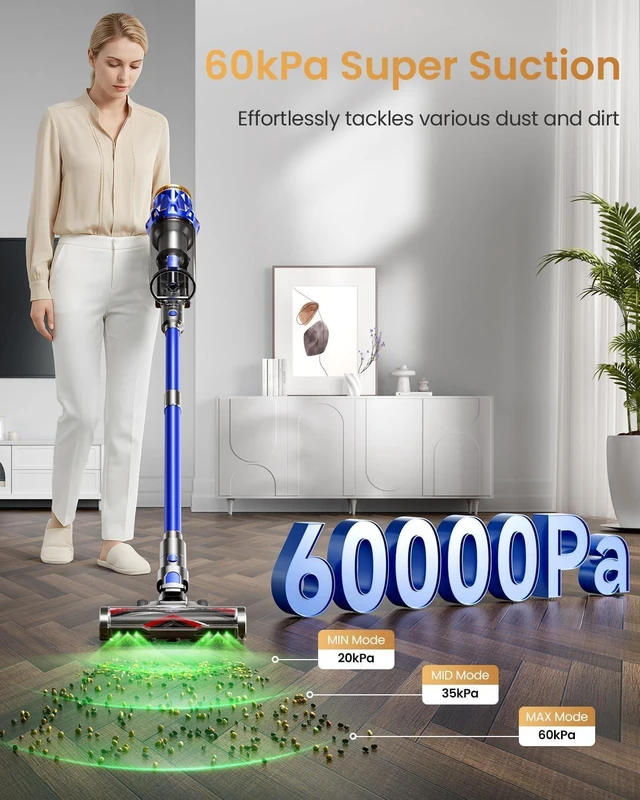Alt view image 3 of 7 - Cordless Vacuum Cleaner, Upgraded 650W 60KPA 70Mins Vacuum Cleaners for Home with Self-Standing Vacuum Cleaner Stick, Anti-tangle Wireless Vacuum, OLED Screen 1.8L Cup for Pet Hair/Carpets/All Floor