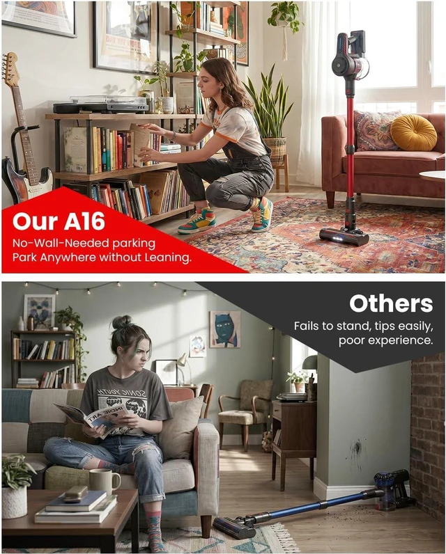 Alt view image 3 of 7 - CHEBIO Lightweight Cordless Vacuum Cleaners for Home, Stick Vacuum Cordless Rechargeable with 45kPa Suction,45-Min Run,Anti-Tangle and Self-Stand, 6 in 1 Hardwood Vacuum Cleaner (red)