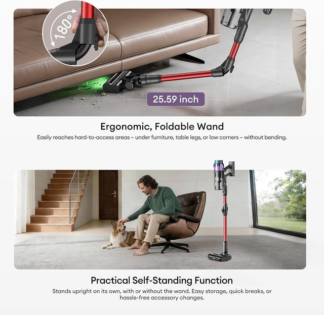 Alt view image 7 of 7 - Ultenic Cordless Vacuum Cleaner, 55KPA/650W/80Mins, Cordless Stick Vacuum with 180°Bendable Wand, Touch Screen, Anti-Tangle Brush, Self-Standing, Vacuum Cleaners for Home/Floor/Pet Hair/Carpets