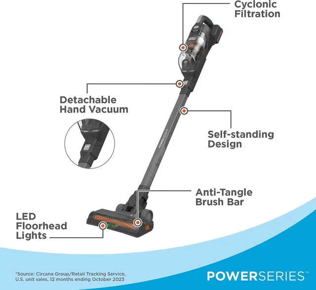 Alt view image 3 of 7 - BLACK+DECKER POWERSERIES 20V MAX Cordless Stick Vacuum Cleaner, Household Vacuum Cleaners for Hardwood Floors and Carpet, LED Lights, Detachable, Anti-Tangle, Lightweight, Bagless (BHFEA18D1)