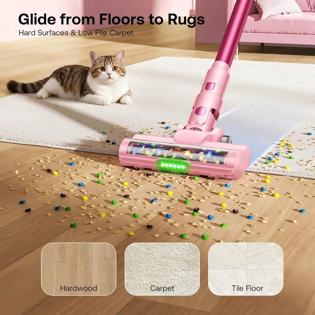 Alt view image 6 of 7 - Trucozie Cordless Vacuum Cleaner, Self-Standing Lightweight Stick Vacuum with 50 mins Runtime, Powerful Suction, Anti-Tangle Wireless Vacuum for Home, Hardwood Floor, Carpet, Pet Hair, Pink