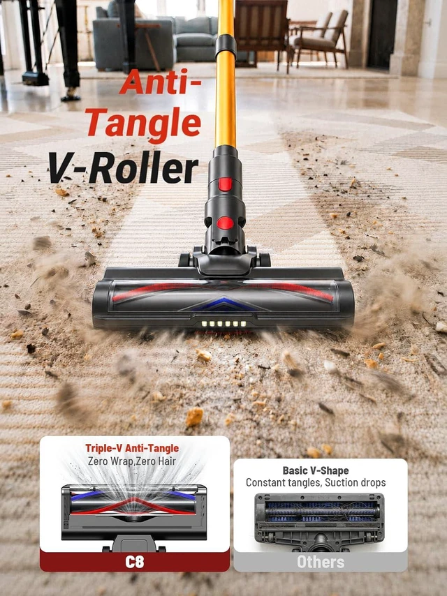 Alt view image 3 of 7 - CHEBIO Cordless Vacuum Cleaner, 550W/45Kpa Vacuum Cleaners for Home, Self-Standing&Anti-Tangle, 65Mins Stick Vacuum with LED Display, 8 in 1 Lightweight Vacuums for Hard Floor/Carpet/Pet Hair