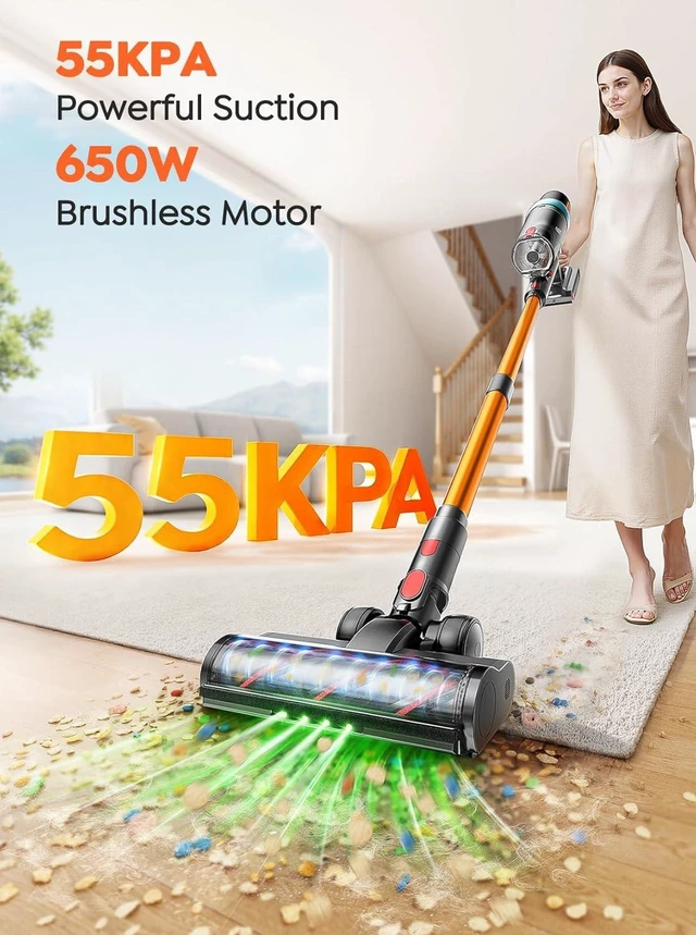 Alt view image 2 of 7 - Cordless Vacuum Cleaner, 650W 55KPA 70Mins Vacuum Cleaners for Home, Upgraded Stick Vacuum with 3.3Ft Extendable Hose, LED Touch Screen, Wall Charging Station, Auto Mode for Carpet Pet Hair Hard Floor