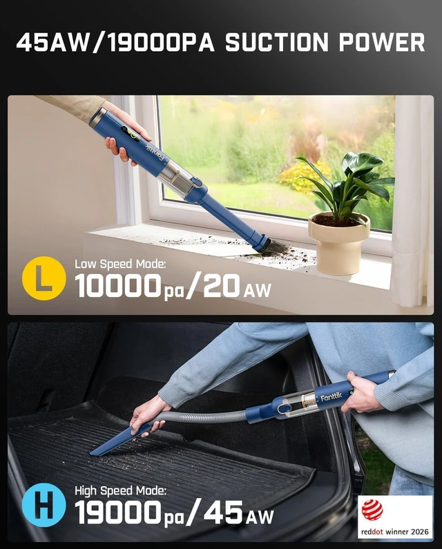 Alt view image 5 of 7 - Fanttik Slim V10 APEX Cordless Car Vacuum, 4-in-1 Portable Mini Handheld Vac, Upgraded Smart Digital Display, 19kPa Suction Power, 2 Suction Modes for Small Jobs, Car, Office Desk, Keyboards (Blue)