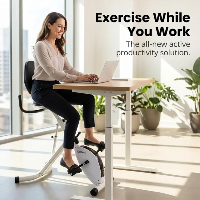 Alt view image 7 of 7 - FitDesk Standing Exercise Bike Desk 3.0, Adjustable Height Indoor Cycling Trainer with Laptop Tray, Portable Stationary Fitness Desk for Home Office, Foldable Exercise Workstation, Supports 300 lbs