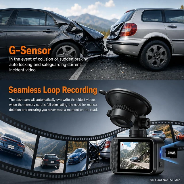 Alt view image 5 of 7 - Dash Cam Front and Rear for Cars, 2.5K+1080P Dual Camera with 2" Screen