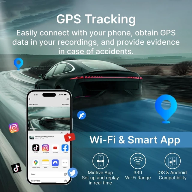 Alt view image 6 of 7 - Dash Cam Front Rear, 4K Front + 4K Rear Full HD Dash Camera for Cars Built-in Wi-Fi Bluetooth GPS with 64GB SD Card, 3.0 IPS Screen with App Control, G-Sensor, HDR, Night Vision, 24H Parking Mode