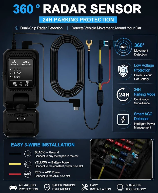 Alt view image 2 of 7 - USB-C Dash Cam Hardwire Kit with 360° Radar for 24H Parking Monitor