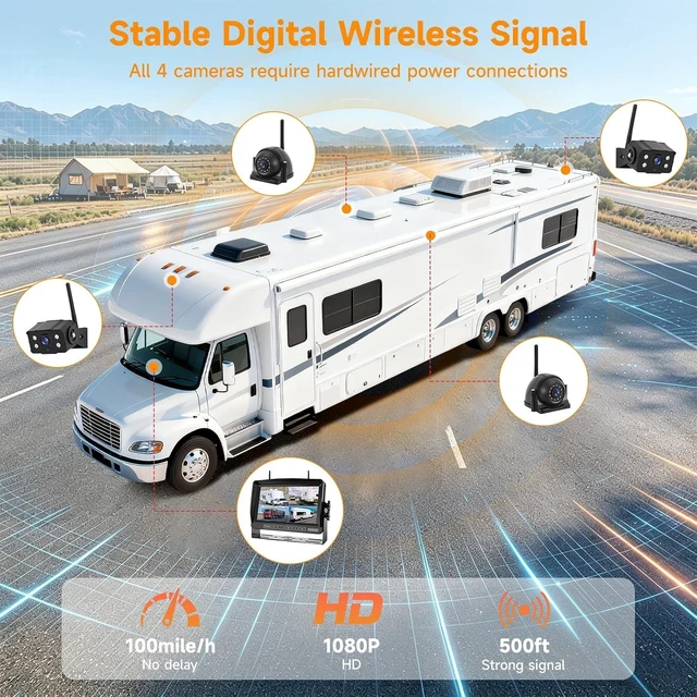 Alt view image 4 of 7 - 1080P Wireless RV Camera System, IP69 Waterproof Night Vision Backup Camera Side Rear View Camera with 7 Inch HD Monitor for RV Truck Trailer Camper