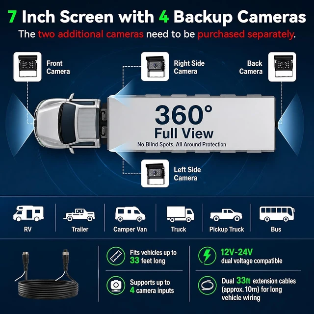 Alt view image 2 of 7 - Camecho Vehicle Backup Camera 4 Split Monitor Front View Rear View Camera Auto 18 IR Night Vision Waterproof Aviation 4 Pins Connector LCD Monitor for Trucks RV Trailer Bus