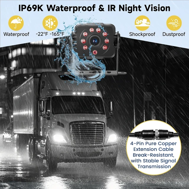 Alt view image 7 of 7 - 10.1" 1080P Wired Backup Camera System for Truck/RV, HD Touchscreen Quad Split Monitor, AHD 4 Side/Rear Cameras, DVR Recording Waterproof IR Night Vision for Semi Truck/Trailer/Tractor/Bus
