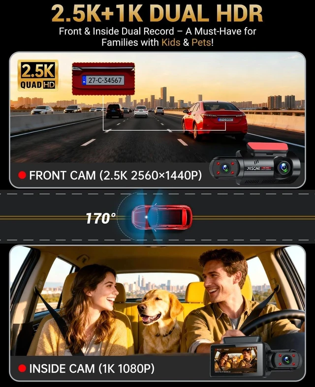 Alt view image 4 of 7 - 2.5K+1K Dual Dash Cam Front and Inside with GPS WiFi, 32GB Card, 24Hr Park