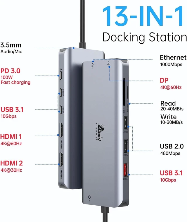 Alt view image 2 of 7 - LIONWEI Docking Station Dual Monitor 4K, 13-in-1 USB C Dock for Laptop Mac