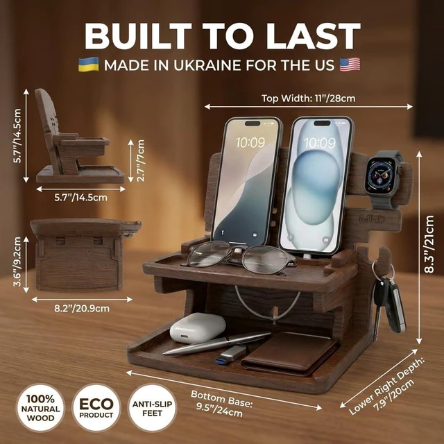 Alt view image 5 of 7 - MED Wood Phone Docking Station for Men - Desk or Nightstand Organizer - Birthday Gifts for Husband, Dad - Anniversary Idea from Wife - Key Holder, Stand Wallet, Watch & Essentials (Dark Walnut)