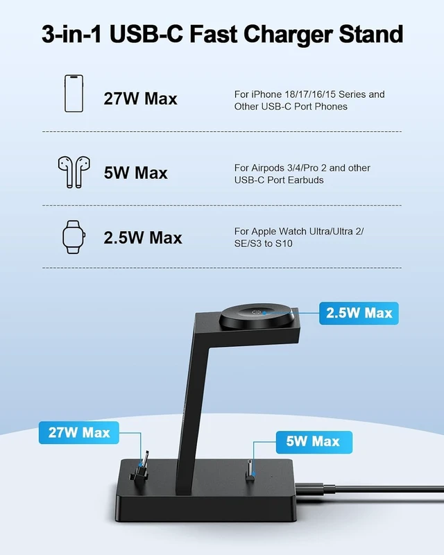 Alt view image 3 of 7 - 30W Fast 3 in 1 Charging Station for Apple Devices - ADADPU USB C Charger Stand for iPhone 18 Pro Max 17 16 15 & AirPods 4, Wireless Charger Dock Compatible with Apple Watch Ultra/10/9/8/7/6/5/4/3/SE