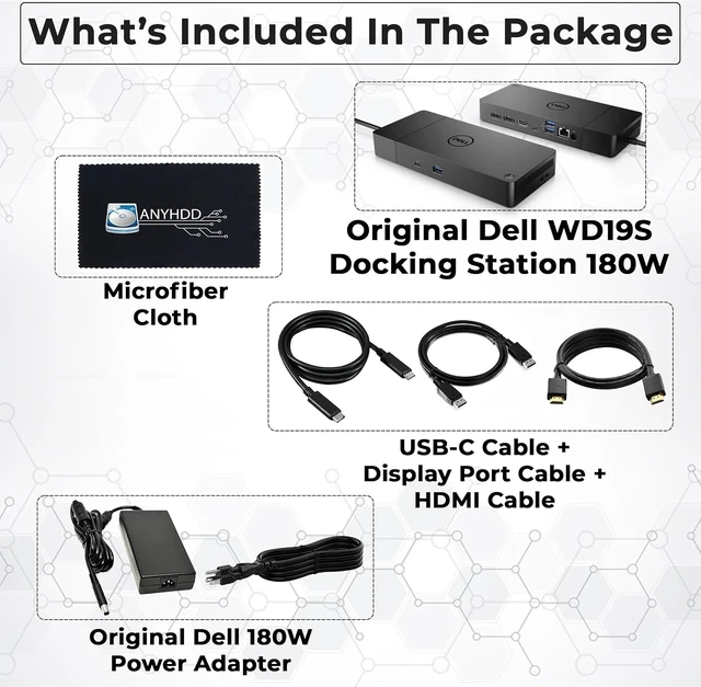 Alt view image 2 of 7 - Dell WD19S Docking Station 180W (130W Power Delivery) - Dell Docking Station Dual Monitor, Dock Station with 180W Power Supply + HDMI Cable + DP Cable + USB-C Cable + Microfiber Cloth