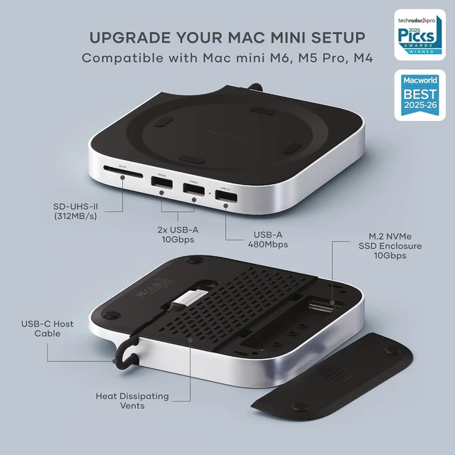 Alt view image 2 of 7 - Satechi Mac mini M6, M5 Pro, M4 Hub & Stand with NVMe SSD Enclosure, Silver