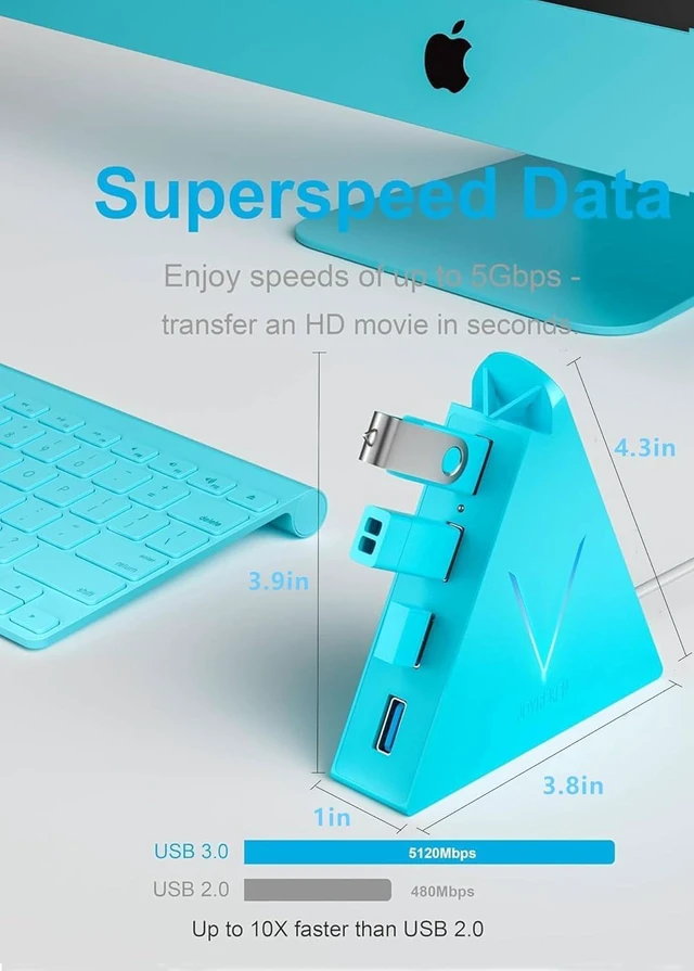 Alt view image 4 of 7 - USB 3.0 Hub,4 Port USB Hub Tower,2ft Cable USB Splitter for Laptop, PC, Xbox One, PS4, PS5, iMac, Surface Pro, XPS, Desktop, Flash Drive, Mobile HDD (Blue)