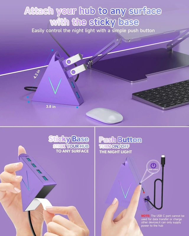Alt view image 4 of 7 - USB C Hub,USB Hub Tower with 2FT Extended Cable,Type C to USB 3.0 4-Port Splitter Adapter for MacBook, iMac, Laptop, Surface, XPS, Flash Drive, Keyboard, Mouse, HDD (2ft, Dark Purple